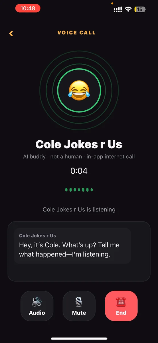 Active No Regrets Chat voice call with Cole Jokes r Us, showing the AI buddy disclosure, call timer, listening state, live transcript, and audio, mute, and end-call controls.