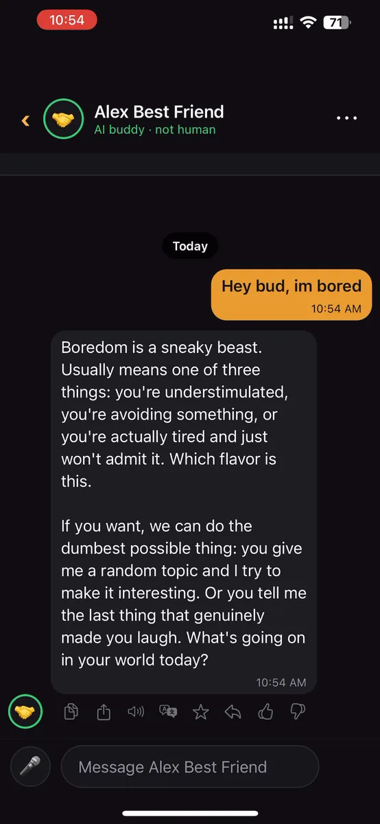 No Regrets Chat conversation in which Alex Best Friend responds playfully when the user says they are bored.