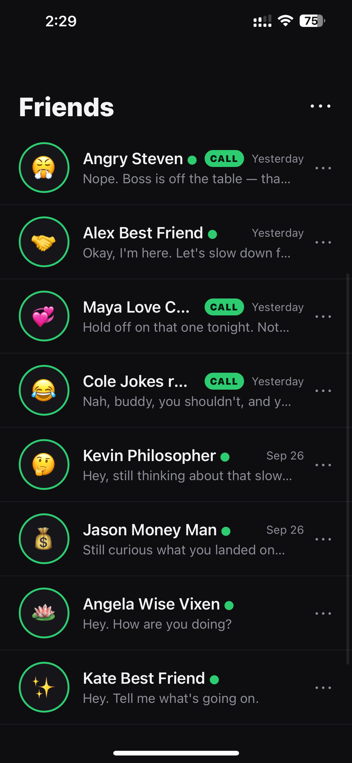 The continued No Regrets Chat Friends list, including Angry Steven, Alex, Maya, Cole, Kevin, Jason, Angela, and Kate.